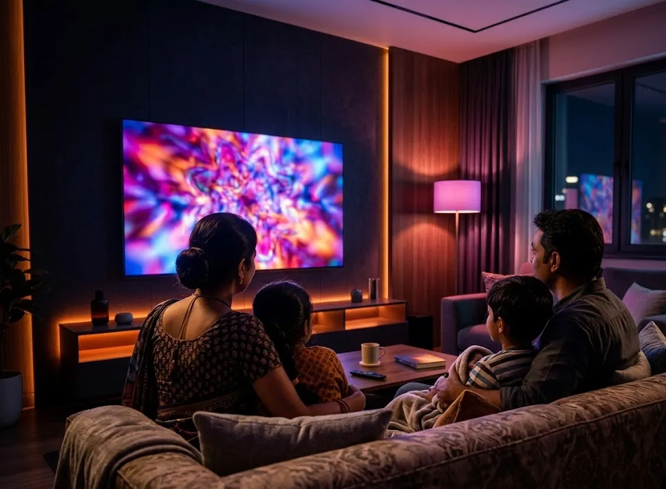 An Indian family watching TV together at home in the evening
