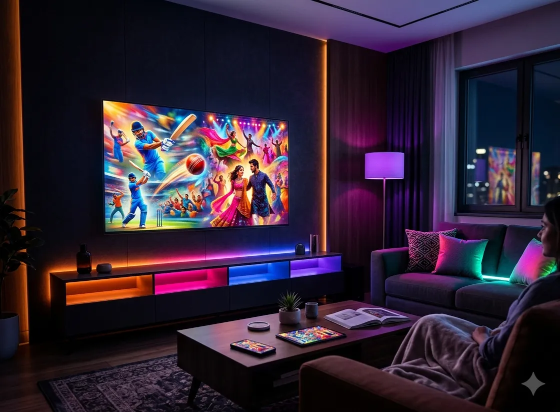 Watching Indian IPTV on a 4K smart TV in a modern living room