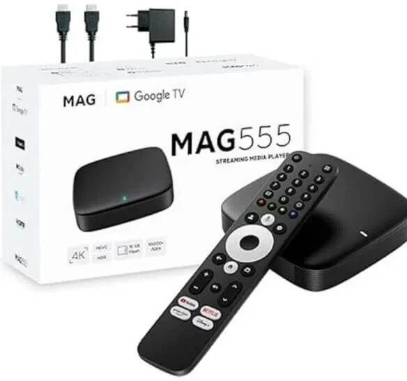 MAG 555 Google TV 4K IPTV set top box with remote control – best streaming device for Indian IPTV in USA