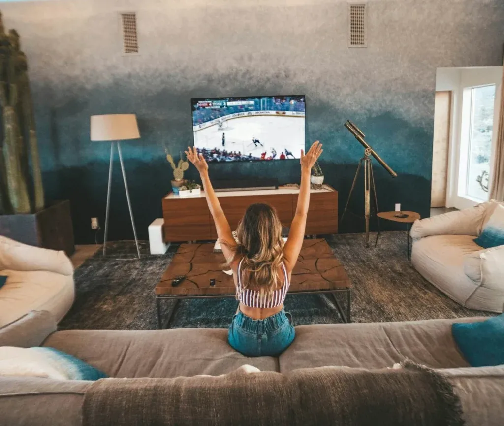 Modern home interior with television setup used for IPTV streaming