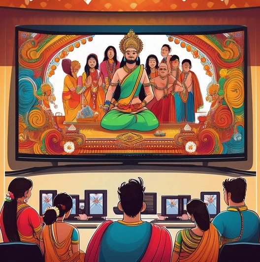 Family watching traditional Telugu mythological content on large TV screen