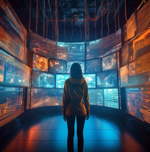 Ultra-wide TV display with mosaic of hundreds of live international channels