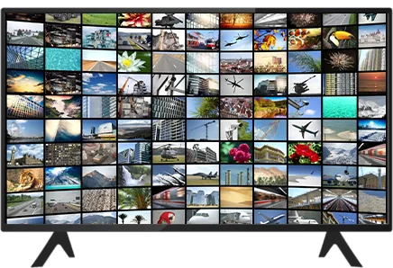 Large TV screen showing huge grid of diverse live TV channels and content