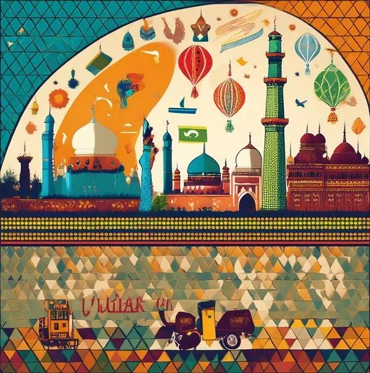 Beautiful Urdu cultural artwork with mosques and traditional elements