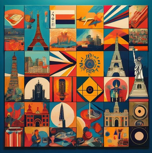 Vibrant collage of international landmarks representing English IPTV content